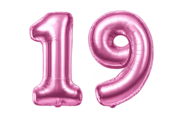 Pink Foil Number Nineteen on transparent background, Isolated Image
