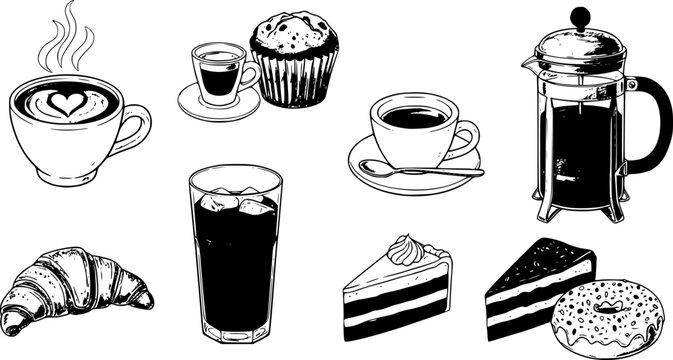 Hand drawn sketch style coffee shop set illustration of various coffees and bakery items collection
