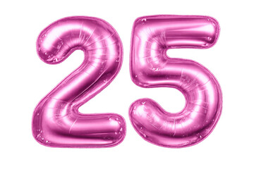 Pink Number 25 Foil Balloon on transparent background for celebrations.