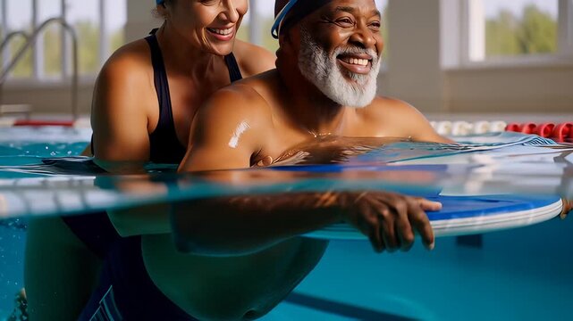 Happy senior man practicing hydrotherapy swimming with an instructor in a blue pool using a kickboard, illustrating rehabilitation and active aging concepts.