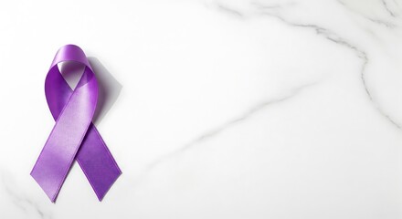 Lavender cancer awareness ribbon and on white marble background