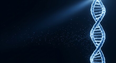 Glowing DNA helix on dark blue background with copy space