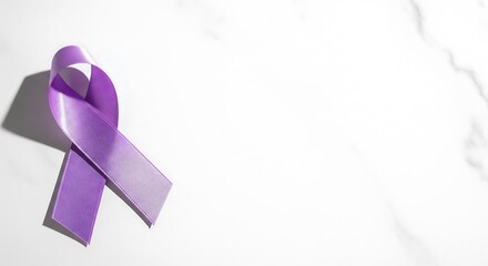 Lavender cancer awareness ribbon on white marble background