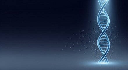 Glowing DNA helix on dark blue background with copy space