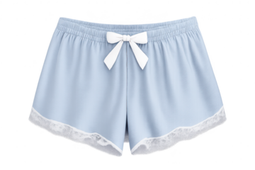 Blue shorts with lace trim on a transparent background, cute ribbon