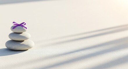 Zen stones with lavender ribbon on sand background for cancer recovery and resilience