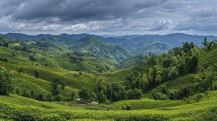 Fototapeta premium Lush green rolling hills of a terraced plantation under a dramatic sky.
