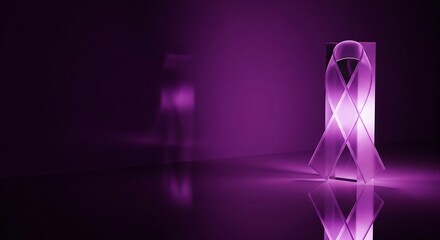 Glowing 3D lavender awareness ribbon on dark reflective background with copy space