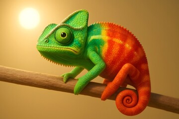 Obraz premium Chameleon showing incredible color transformation from vibrant green to vivid orange, perched on a branch under a warm sun like glow