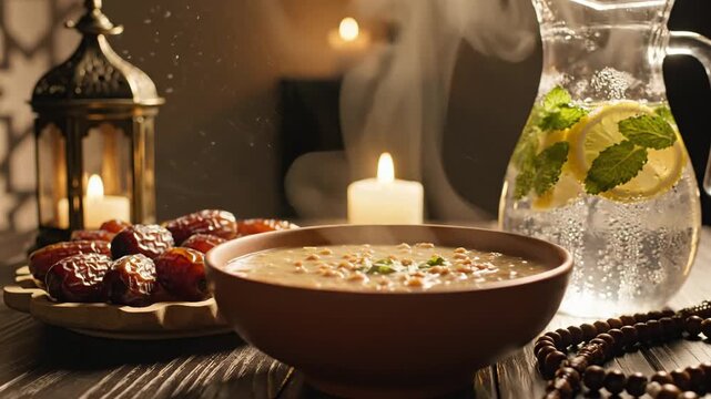 This beautifully arranged table setting featuring traditional dates, steaming soup, and refreshing lemon water symbolizes the joyous moment of Ramadan iftar, celebrating the spiritual journey.