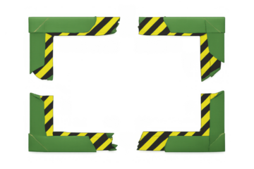 Green and yellow hazard warning tape forming a square border with striped pattern for danger area, transparent background