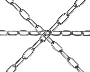 Linked silver metal chains isolated on transparent background. Strong connection concept