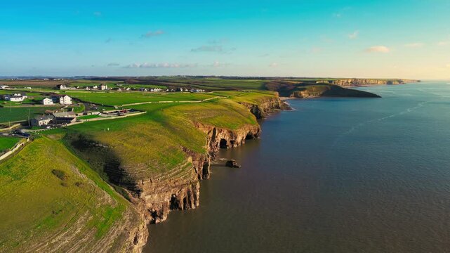 Aerial drone View of Coastal path with stunning views of Jurassic coast in the distance. Ogmore South Wales uk