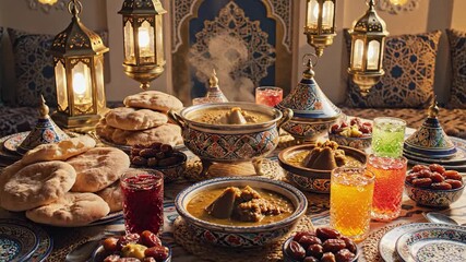 A beautiful, traditional table setting is lavishly prepared with steaming food, fresh flatbread, and colorful drinks, symbolizing the joyous atmosphere of Eid Mubarak and the celebratory breaking.