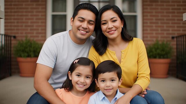 Portrait of a happy diverse family sitting on the front porch steps of a suburban brick house, illustrating home ownership concepts.