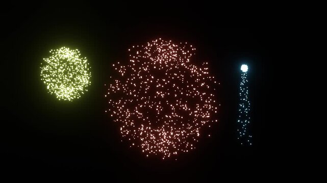 Animated Launching of Gold Green and Blue Fireworks in the Night Sky, Exploding and Falling Particle Light Effects, Celebration Background Element with Bright Glow