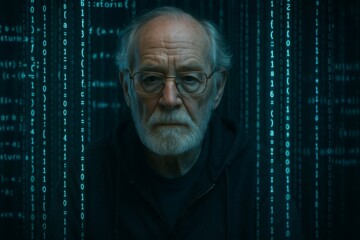 Mature programmer standing in front of a green digital code background. Representing experience in technology and cybersecurity