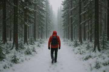 Hiker walking away on a snow covered path, surrounded by tall pine trees during a peaceful winter snowfall