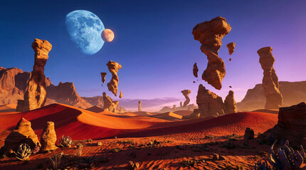 Surreal alien desert landscape with floating rock formations