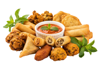 assorted fried snack platter with samosas, spring rolls, and chutney