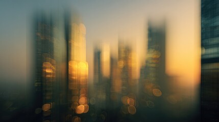 Golden Hour Cityscape: Abstract Blur and Bokeh of Skyscrapers at Sunset, Warm Glow, and Urban Lights in a Moody, Dreamlike Skyline