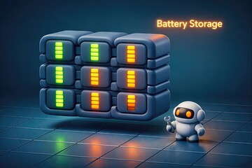 AI robot with a wrench beside battery storage system displaying charge levels highlighting futuristic energy concepts and efficient power management in technology