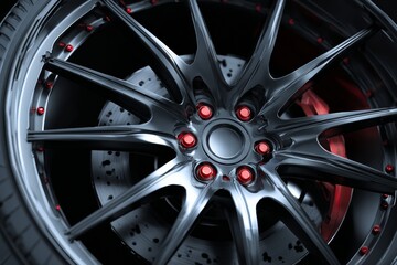High Performance Wheel Alloy Rim Design Viewed in Detail With Red Accents and Smooth Finish