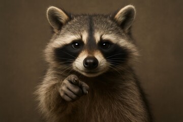 Fototapeta premium Raccoon looking directly at camera, front view against a simple brown background. Pointing gesture conveying selection