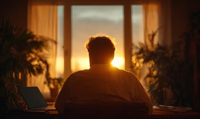 Businessman sitting at desk, looking at sunrise from office window. Reflecting on plans and hopes for the future