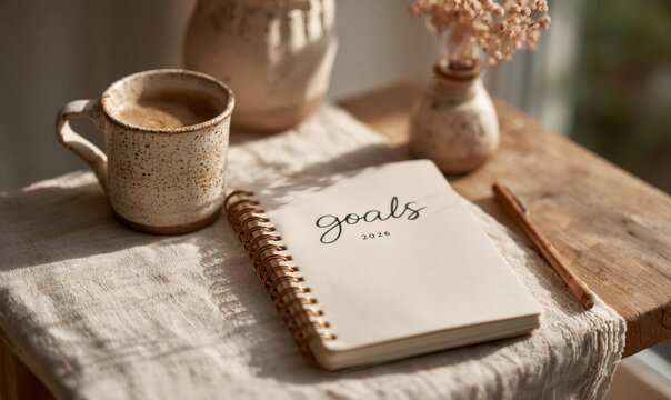 Notebook displaying goals for 2026, with a coffee mug and pen on a rustic wooden surface, representing future plans - Powered by Adobe