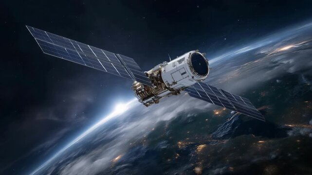 outer-space scene featuring a satellite orbiting above Earth. The left side and lower portion of the frame show the curved horizon of the planet, with visible blue oceans 4K
