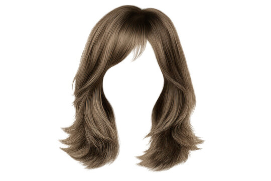 Wavy brown wig with bangs on a transparent background, style and beauty.