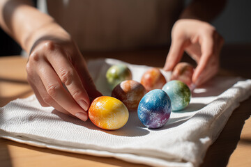 Hands Checking if Painted Easter Eggs Are Dry &mdash; Handmade Craft Process