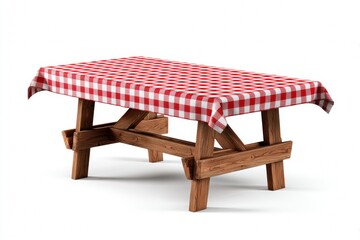 Wooden Picnic Table With Red and White Checkered Tablecloth on a White Background in High Detail and Sharp Focus