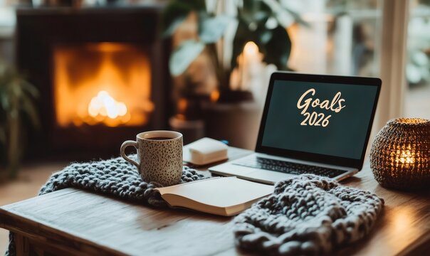 Laptop screen showing goals 2026 on a cozy table with notebook and coffee, warm fireplace in background for planning and productivity