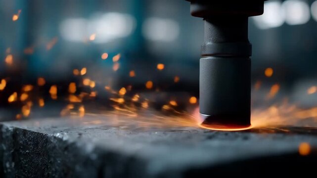 4K industrial close-up capturing sparks flying from a high-speed grinding machine as it cuts, grinds, and finishes a metal surface inside an industrial workshop