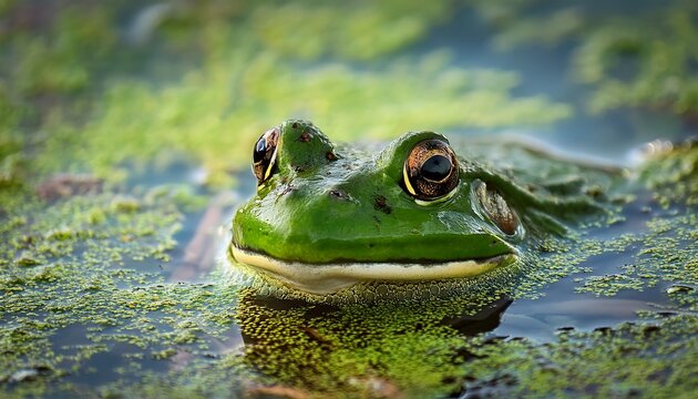 Gros Plan Naturel D Une Tete De Grenouille Verte Depassant A La Surface D Une Mare Couverte D Une Pellicule Composee De Petits Elements Verdatres Batracien Dissimule Dans L Eau Et Couvert De Vase