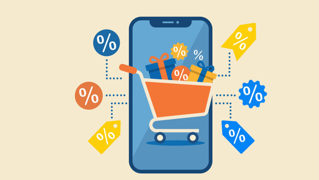 Online shopping concept with smartphone, shopping cart and discount icons - flat vector illustration - Powered by Adobe