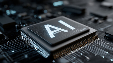 Artificial Intelligence AI Processor Microchip on Advanced Circuit Board Representing Machine Learning, High Performance Computing, and Future Technology