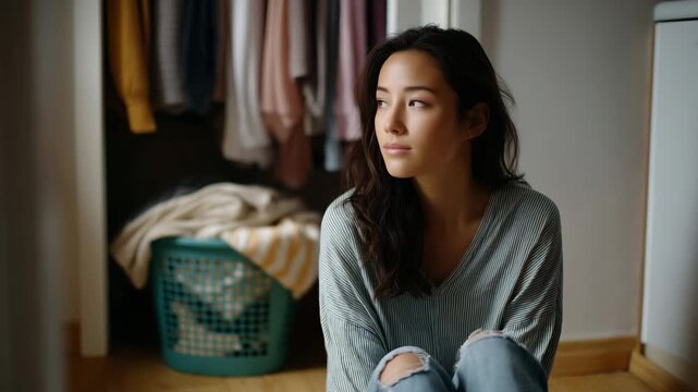 ealistic indoor scene featuring a young Asian woman partially visible from the shoulders downward, sitting on the floor in front of an open wardrobe. Her head is intentionally inc
