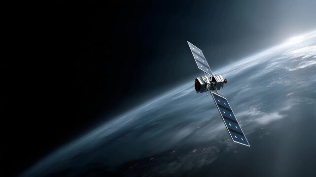 ealistic outer-space scene featuring a satellite orbiting above Earth. The left side and lower portion of the frame show the curved horizon of the planet, with visible