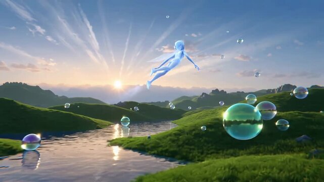 Frutiger aero Y2K futuristic revival of a green grass and bubbles utopian landscape