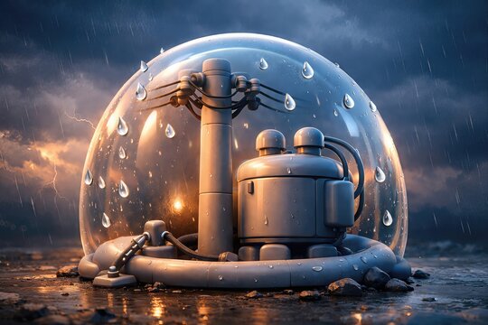 Futuristic water preservation technology encapsulated in a transparent dome under stormy skies highlighting resilience and innovative ecosystem protection