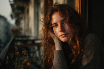 Portrait of a Red-Haired Woman Sitting on a Balcony &mdash; Natural Light and Calm Mood