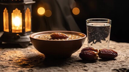 This atmospheric scene captures the traditional elements of a solemn ramadan iftar meal, featuring dates and water beside a glowing lantern, symbolizing the successful completion of fasting.