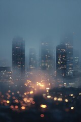 Moody Urban Nightscape: Foggy Skyscrapers, Warm City Lights, and Dreamy Bokeh Across a Quiet Downtown Skyline
