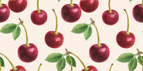 Seamless pattern beige background cherries in a row food watercolor illustration. Whole sweet cherry, berry core fruits, leaves, leaf, stalk, stems on a branch watercolour hand drawn clipart elements © Nataliia