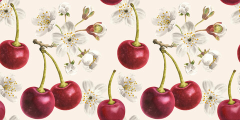 Seamless pattern beige background cherries in a row food watercolor illustration. Whole sweet cherry, berry core fruits, stalk, stems, white flowers, flower on a branch watercolour hand drawn © Nataliia