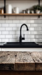 Rustic Wooden Kitchen Countertop With Black Faucet And White Tile Backsplash &ndash; Cozy Modern Home Kitchen Scene With Open Shelves And Ceramics