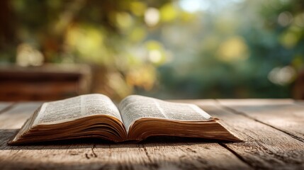 Obraz premium Open Bible on a table in nature